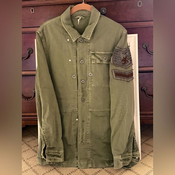 Free People Embellished army green military jacket with bead detail S NWOT - Picture 1 of 13